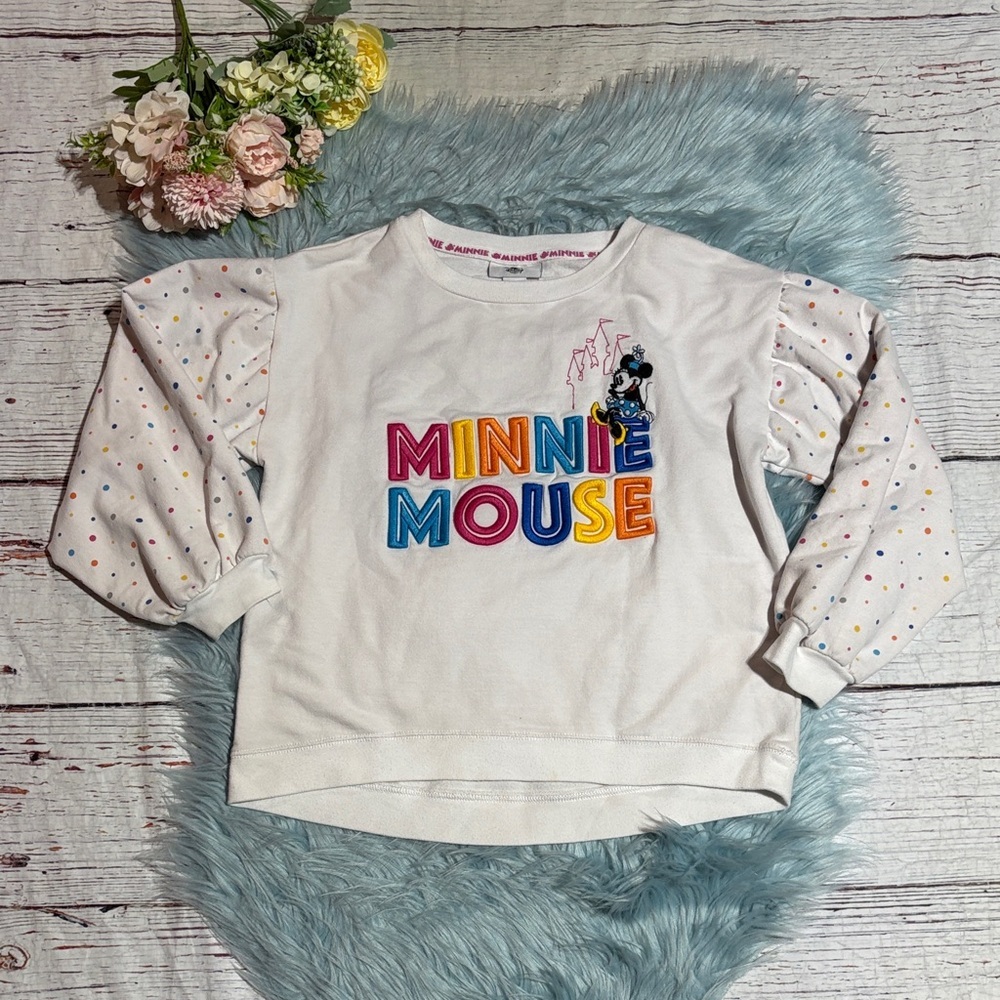 Disney Parks Minnie Mouse Kids Sweatshirt - White with Multicolor Letters sz L